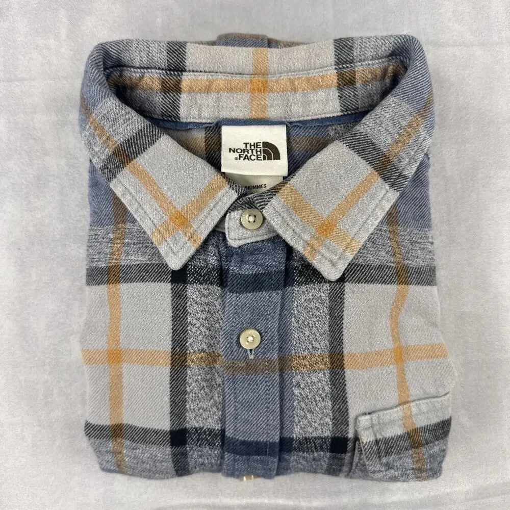 The North Face Men's L Plaid Flannel Shirt Blue Gray Tan Long Sleeve Button Up